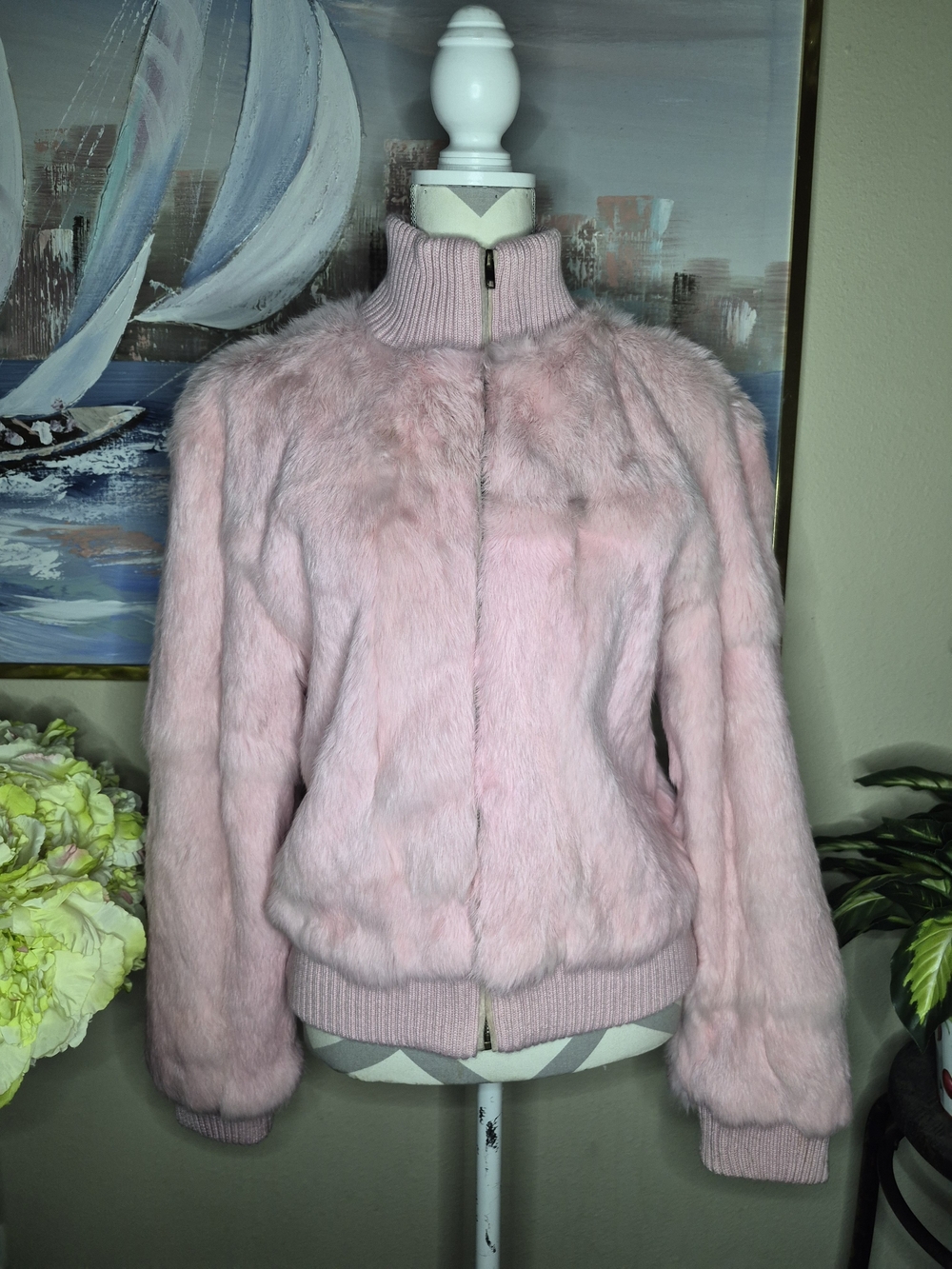 SHINE NY Women's Pink 100% Rabbit Fur Bomber Jacket with Ribbed Collar